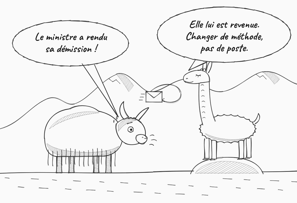 Dessin au crayon en noir et blanc. Au pied d'une montagne, le yak, essoufflé, regarde une enveloppe qui fait demi-tour en l'air comme un boomerang. Il dit : « Le ministre a rendu sa démission ! » À droite, Zénon le lama, debout sur un rocher, yeux clos, répond : « Elle lui est revenue. Changer de méthode, pas de poste. »