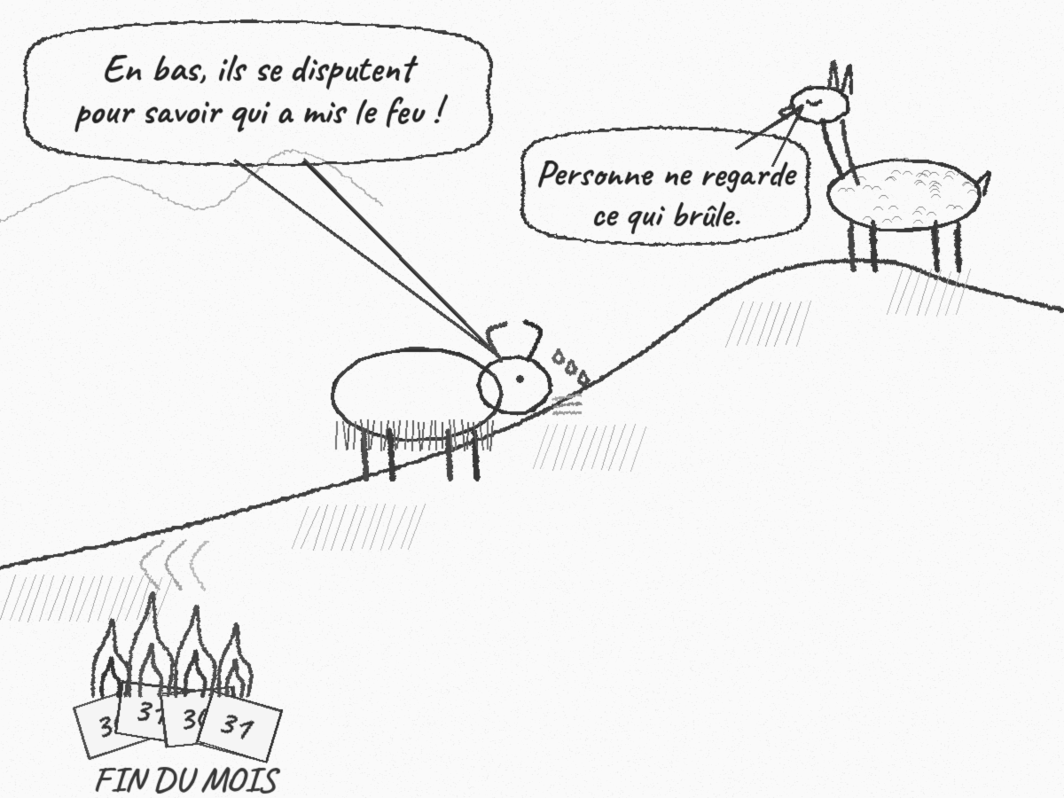 Dessin au crayon. Sur une pente de montagne, le yak, essoufflé, crie à Zénon le lama, debout au sommet, yeux clos : « En bas, ils se disputent pour savoir qui a mis le feu ! » Zénon répond : « Personne ne regarde ce qui brûle. » En bas de la pente, un petit feu brûle des pages de calendrier marquées 30 et 31, avec l'inscription « FIN DU MOIS ».