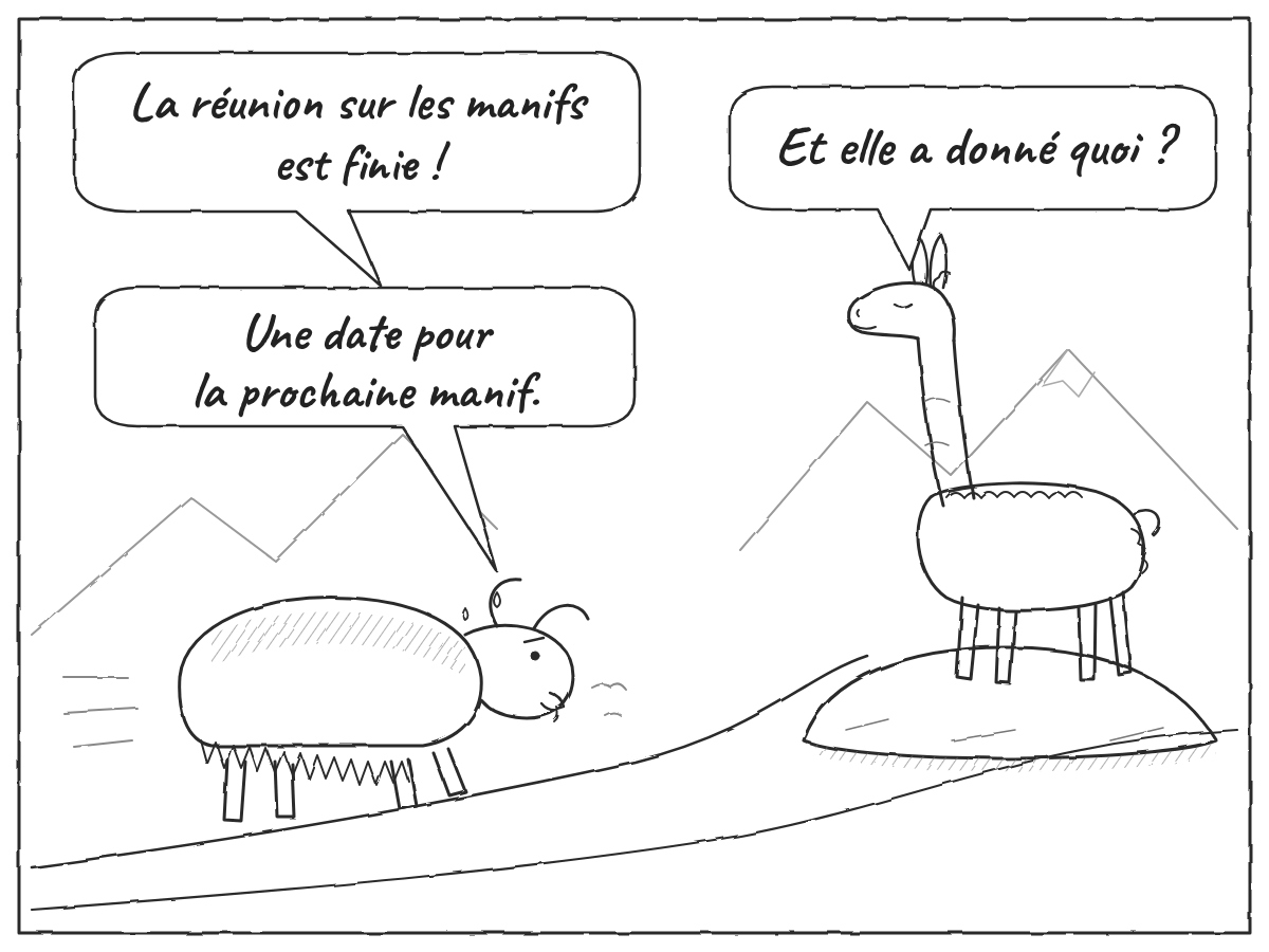 Dessin au crayon, en noir et blanc. Un yak essoufflé, en sueur, monte un sentier de montagne vers Zénon le lama, debout, calme et les yeux clos sur un rocher. Le yak dit : « La réunion sur les manifs est finie ! » Zénon demande : « Et elle a donné quoi ? » Le yak répond : « Une date pour la prochaine manif. »